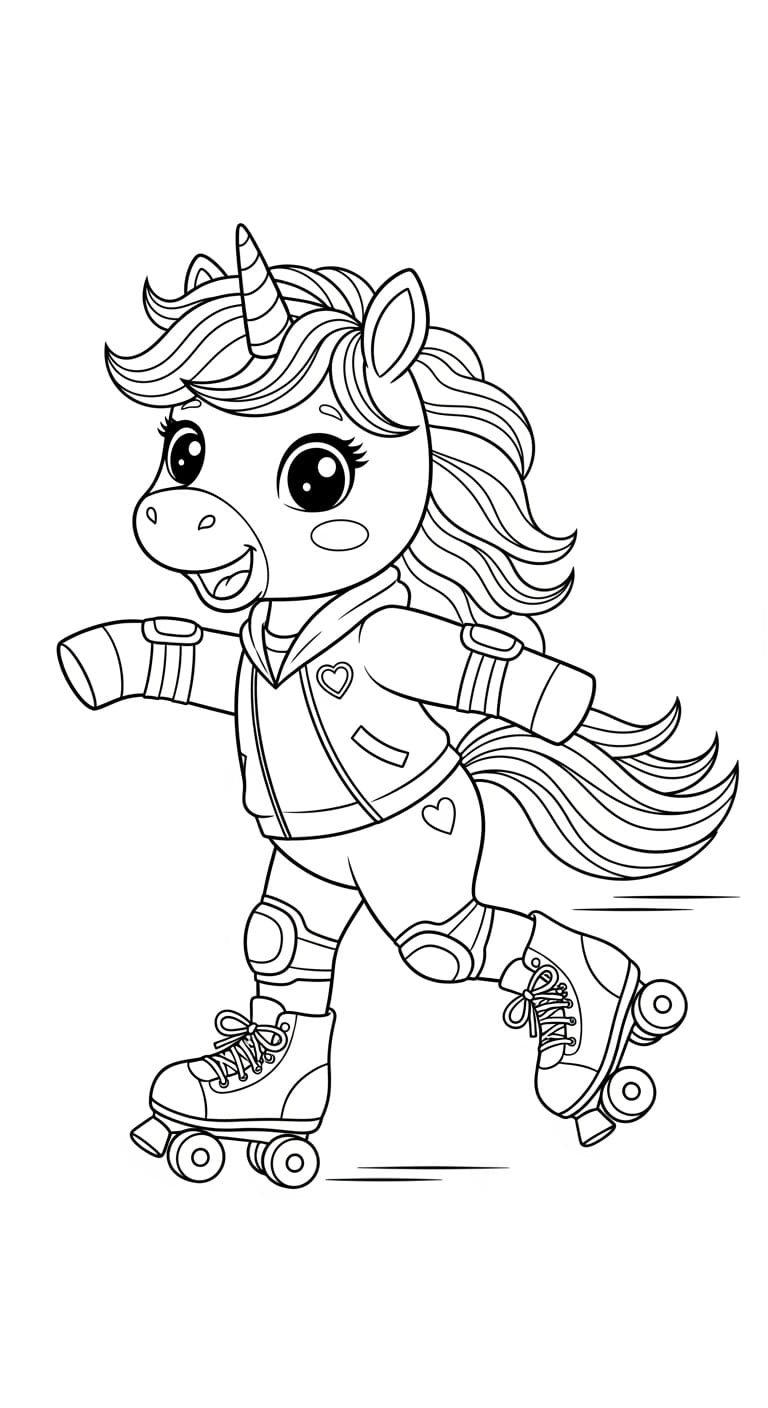 Energetic chibi unicorn on roller skates, wearing a cool jacket and protective gear, a fun action coloring page.