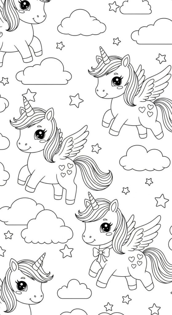 Seamless pattern coloring page featuring multiple cute winged unicorns, clouds, and stars, great for backgrounds.