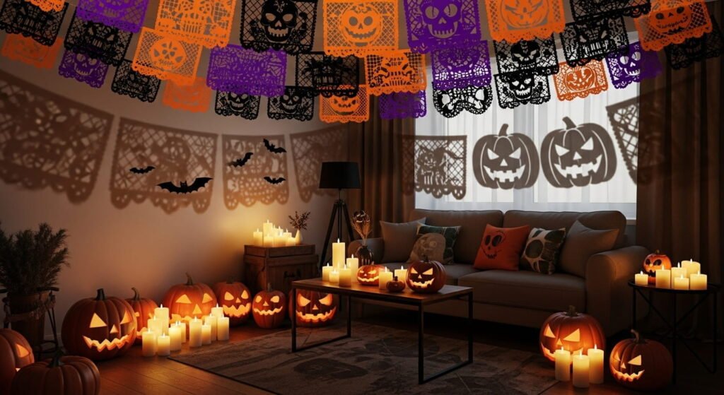 A living room decorated for Halloween. Carved pumpkins and many lit candles create a warm glow. Papel picado banners with spooky designs hang from the ceiling, and projected shadows of bats and pumpkins are on the walls.