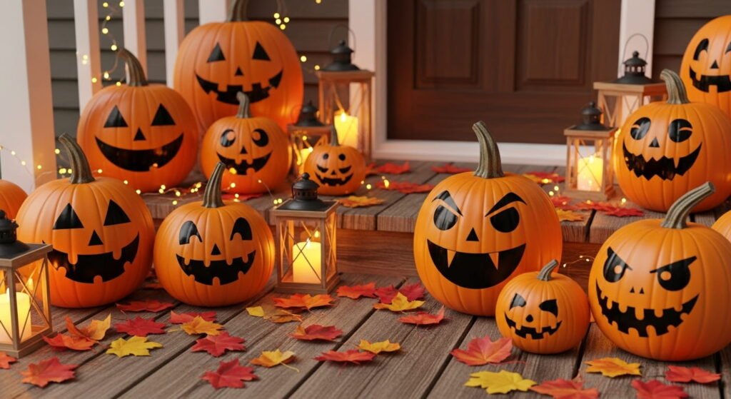 A close-up shot of a porch decorated for Halloween. Numerous carved pumpkins with different jack-o'-lantern faces are arranged with lit lanterns and scattered autumn leaves on wooden planks.