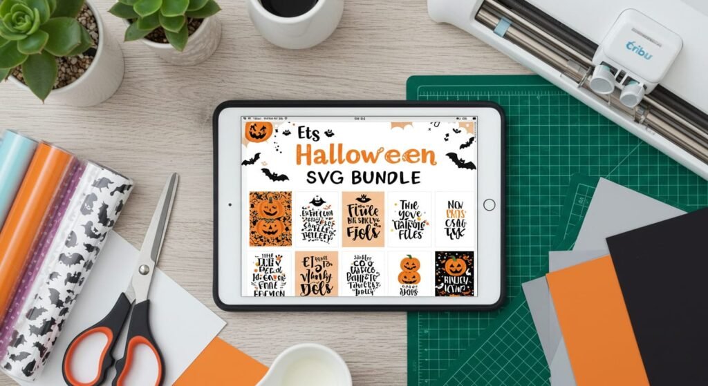 A flat lay of a desk with an open tablet displaying a "Halloween SVG Bundle" for digital crafts. Surrounding the tablet are crafting supplies like scissors, rolls of colored vinyl, and a cutting machine. A small succulent is in the top left corner.
