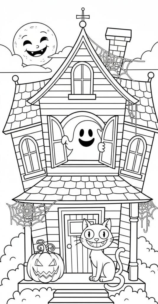A simple, cartoon line-art coloring page of a tall, haunted house. A friendly, smiling ghost is waving out of an upstairs window, a wide-eyed black cat sits on the front porch next to a carved pumpkin, and a smiling full moon is visible in the clouds above the house.