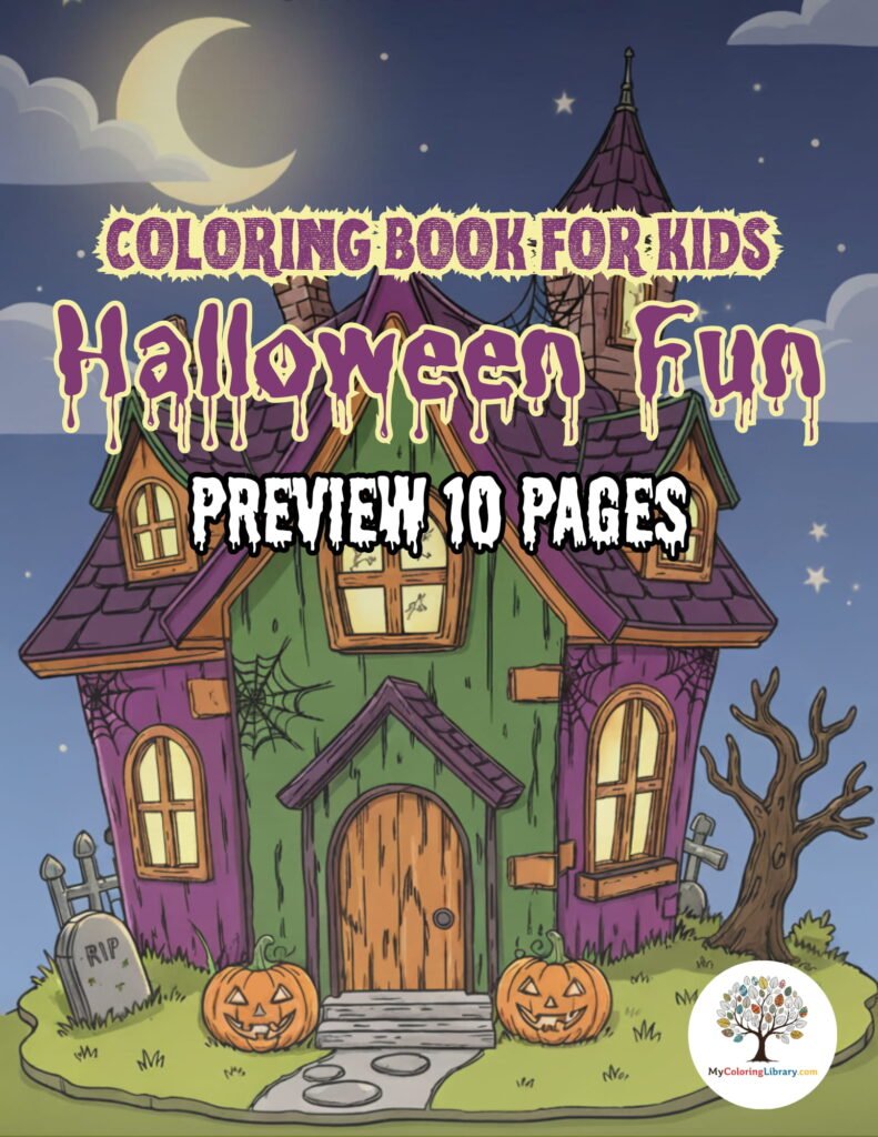 A colorful illustration of a children's coloring book cover titled "Coloring Book for Kids Halloween Fun, Preview 10 Pages." It features a spooky, purple and green haunted house, two grinning jack-o'-lanterns, a bare tree, a tombstone, and a crescent moon in a dark night sky.