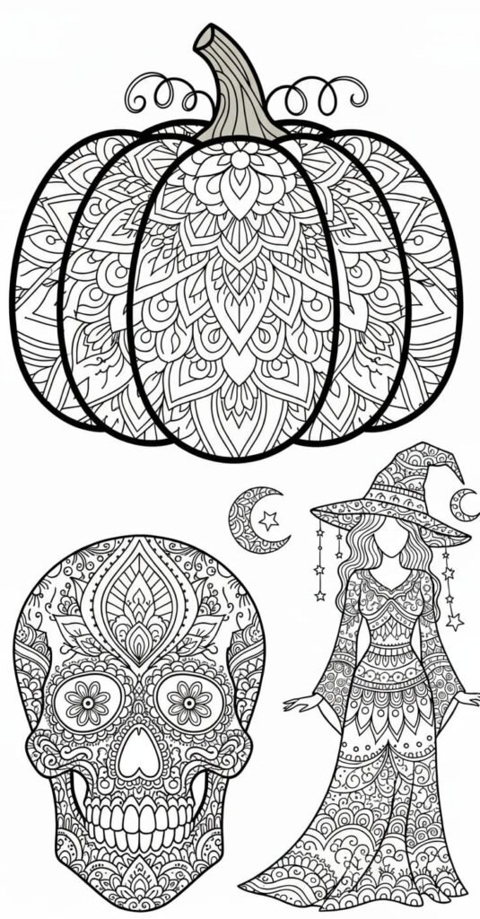 A vertical line-art coloring page featuring three highly detailed, mandala-style Halloween designs: a large pumpkin, a stylized sugar skull, and a standing witch in a dress and hat, all filled with intricate, repeating patterns. A small crescent moon with a star is also present.