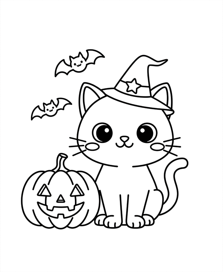 Adorable black and white line art of a kitten wearing a witch hat, sitting next to a carved jack-o'-lantern. Two cute flying bats are in the background.