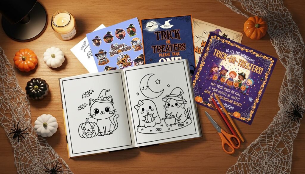 Top-down view of a wooden desk decorated for Halloween. At the center is an open activity book with a Halloween coloring page featuring a cat dressed as a witch with a pumpkin, and another drawing of a ghost and a cat. Various themed cards and stickers of witches and trick-or-treaters, small pumpkins, a lit candle, colored pencils, scissors, and decorative spiderwebs surround the book. Perfect for Halloween activities.
