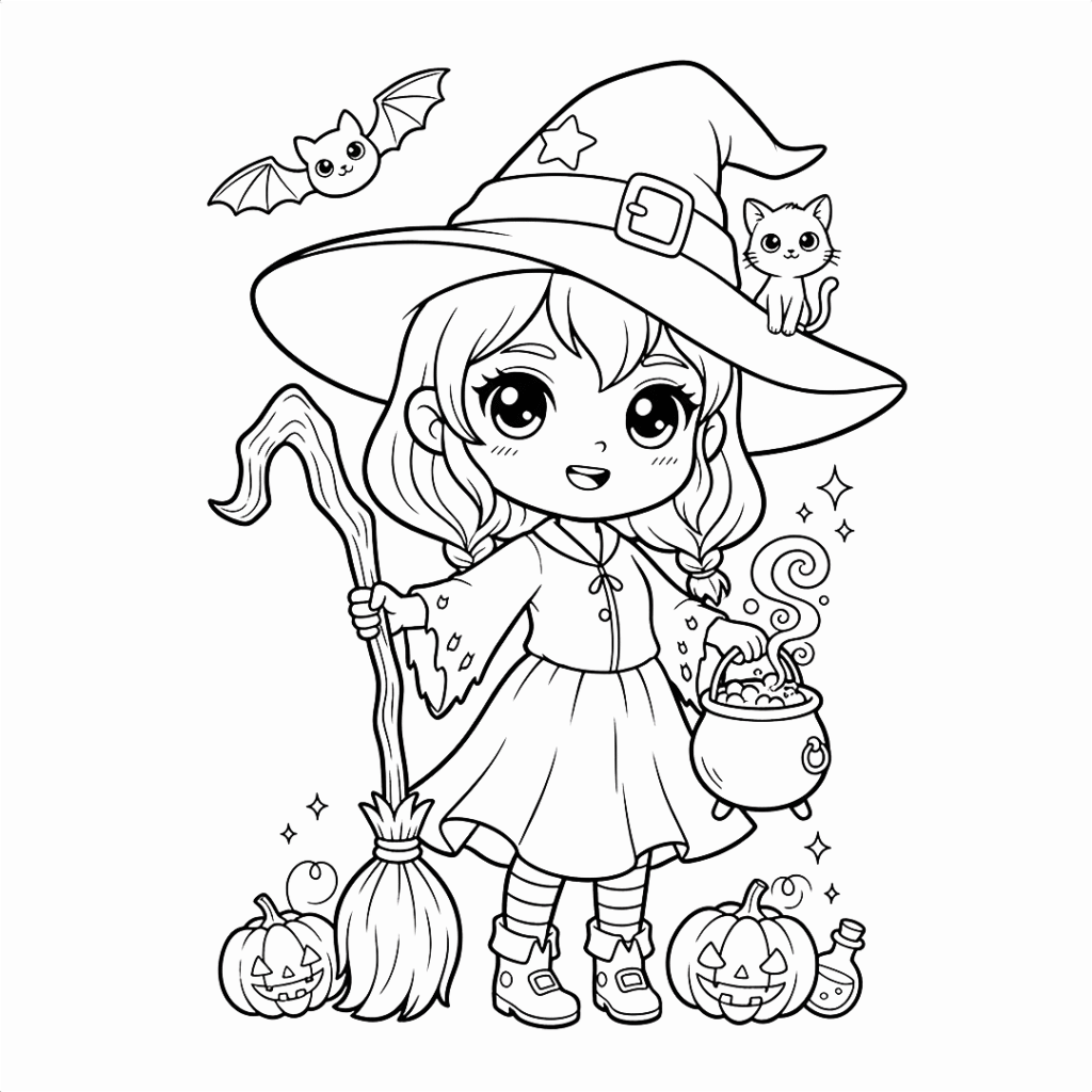 Coloring page illustration of a cute little girl dressed as a witch, holding a broom and a bubbling cauldron. She stands between two carved pumpkins, with a small cat and a bat nearby.