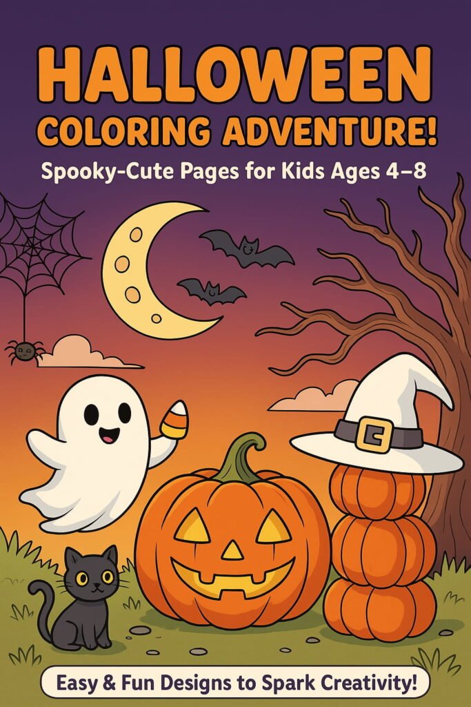 Mockup of a thin, dark green hardcover book (approx. 50 pages) resting on a glass coffee table. The book is the main focus. Subtle Halloween decorations surround it, including small pumpkins, a ceramic ghost, a steaming coffee mug, and a bowl of candy, with warm, blurred string lights in the background.