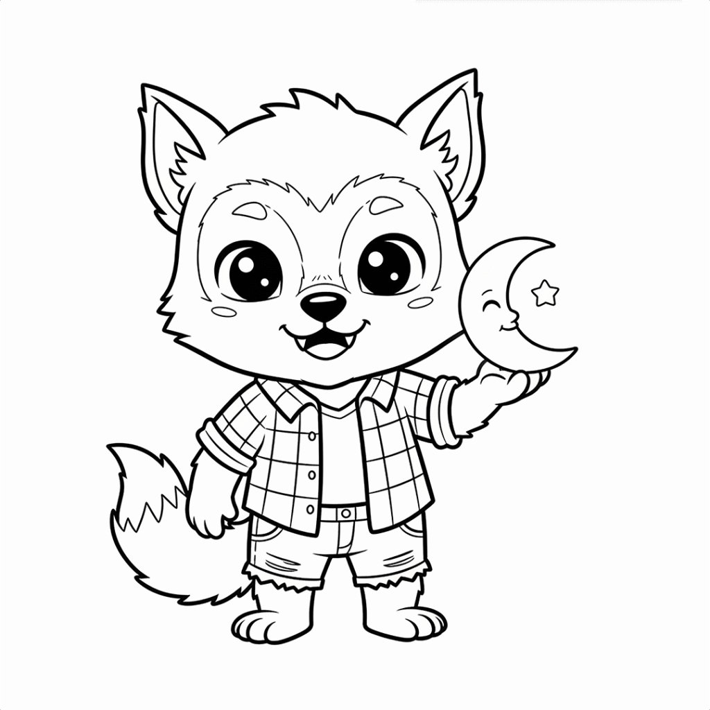 Cute cartoon werewolf in a plaid shirt and shorts, holding a crescent moon with a smiling face and a star. Black and white line art coloring page.