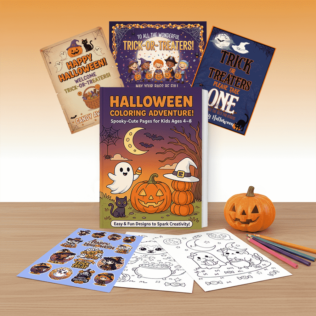 Halloween coloring kit spread out on a wooden table with spooky decorations, showing an open coloring book featuring a cat and ghost, sticker sheets, treat cards, and orange scissors.